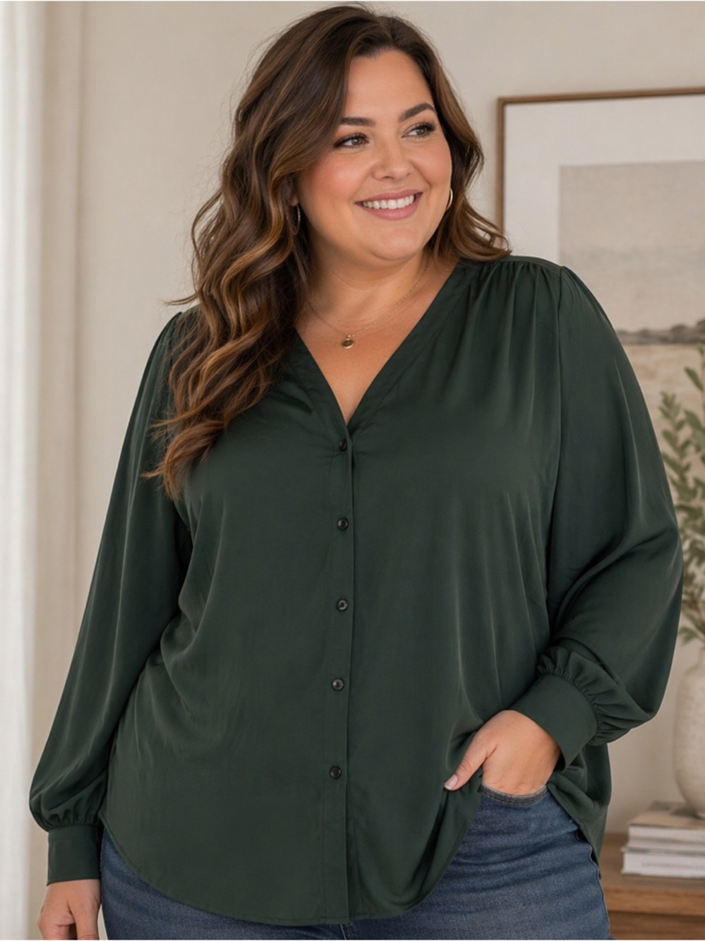 Eloquii Deep Green Button-Up Blouse Women’s 22 Plus Size